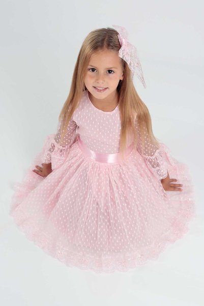AHENGİM Kids Girls Buckled and Tulle Lace Trendy Evening Dress Ak2209