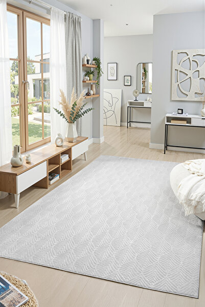 Raschel Carpet Premium Yıkanabilir Leke Tutmaz Yaprak Emboss Açık Gri Özel Se...