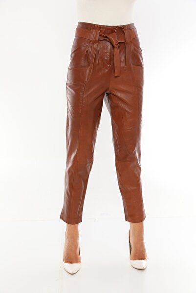 LAKECH LEATHER Women's Chestnut Genuine Leather Belted Trousers - P01