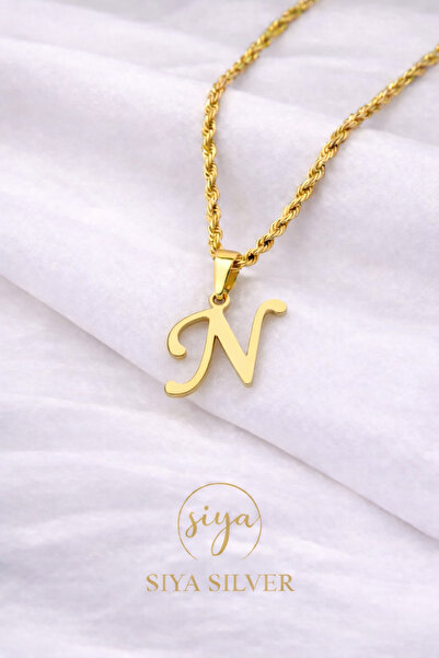 Siya Silver 316L Kararmaz Çelik Gold Renk Uzun Burgu Zincirli Harfli Kadın Kolye