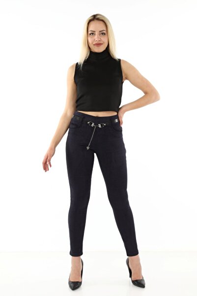 modayız Navy Blue Plaid Beltless Stretchy Trousers L1-1693