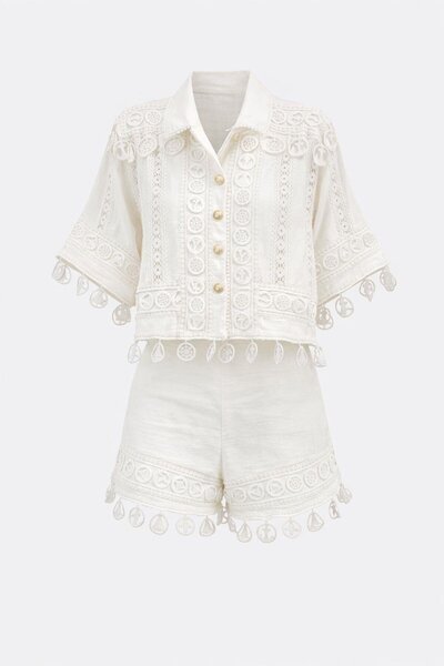 HAZELANNA Set premium crem cu pantaloni scurți și cămașă brodate