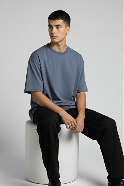 assef Unisex Oversize Wide Cut 100% Cotton Soft Textured Basic Crew Neck Indi...