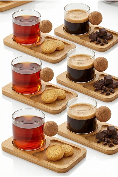 Vivien Home 6'lı 12parça ahşap tabaklı borosilikat mantar Kulplu Bardak 120 M...
