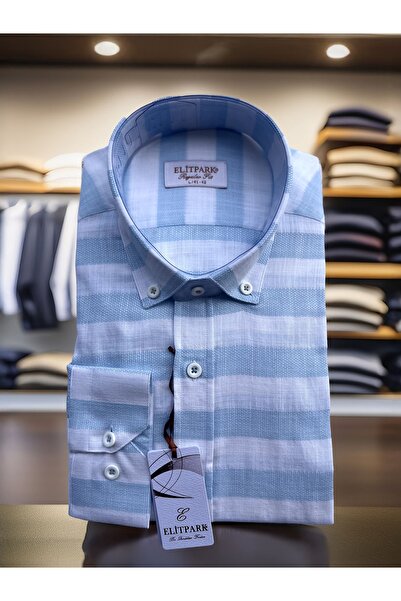 elitpark Erkek Açık Mavi-Beyaz Çizgili Düğmeli Yaka %100 Pamuk Uzun Kollu Gömlek