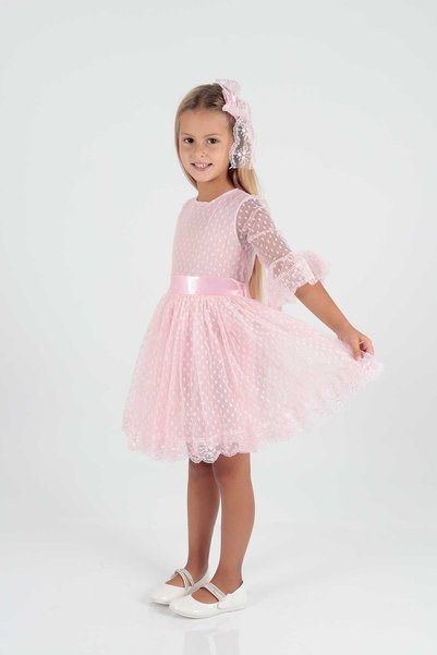 AHENGİM Kids Girls Buckled and Tulle Lace Trendy Evening Dress Ak2209