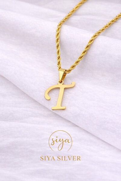 Siya Silver 316L Kararmaz Çelik Gold Renk Uzun Burgu Zincirli Harfli Kadın Kolye