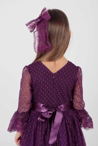 AHENGİM Kids Girls Buckled and Tulle Lace Trendy Evening Dress Ak2209