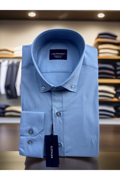 elitpark Açık Mavi Düz Renk %100 Pamuk Erkek Gömlek