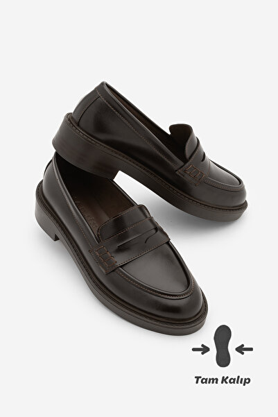 Marjin Kadın Loafer Günlük Klasik Ayakkabı Casual Makosen Fonle Kahve