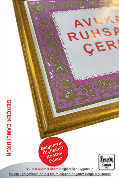 İpek Sanatsal Avukatlık Ruhsatname Çerçevesi Gold Renk - Hakiki Camlı Ürün - ...