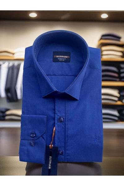 elitpark Koyu Mavi Düz Renk Pamuklu Erkek Gömlek