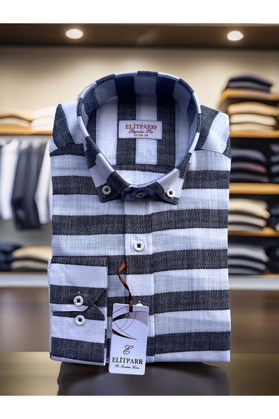 elitpark Erkek Siyah-Beyaz Çizgili Düğmeli Yaka %100 Pamuk Uzun Kollu Gömlek