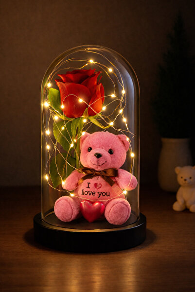 ALSHOP I Love You Yazılı Ayıcıklı Sevgililer Günü Işıklı Lüks Ledli Fanus Hed...