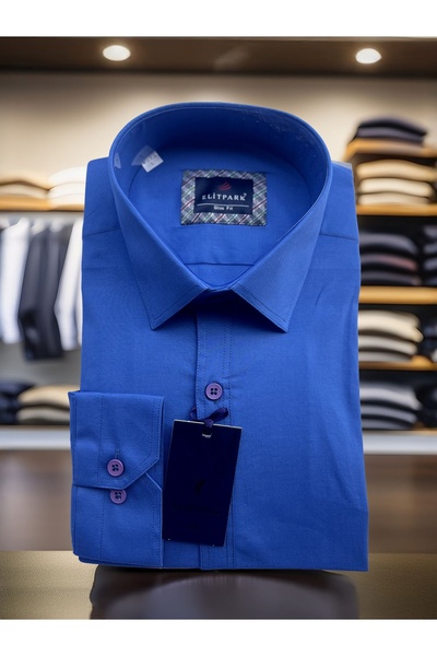 elitpark Koyu Mavi Düz Renk Ön Dikiş Detaylı Pamuklu Erkek Gömlek