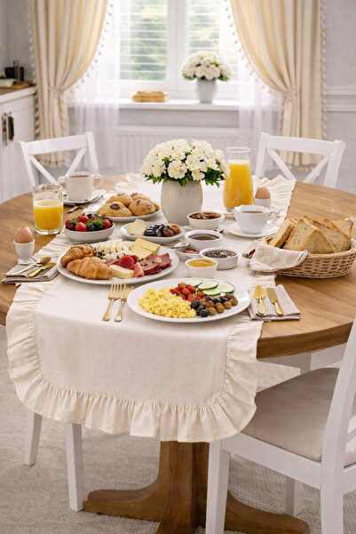 perde plus Fırfırlı Keten Runner 40 x 110 cm %100 Pamuklu Vintage