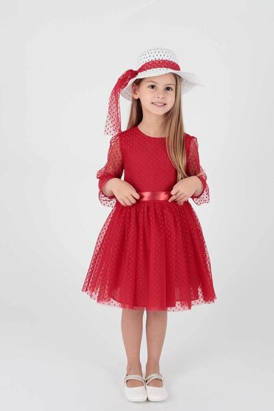 AHENGİM Girl's Hat and Tulle Lace Trend Evening Dress Ak2228