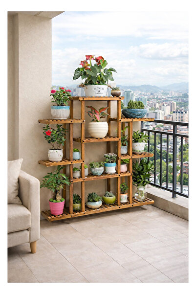 ALANDEKOR Eskitme Ceviz Ahşap Dekoratif Çiçeklik Saksılık Balkon Bahçe Standı...