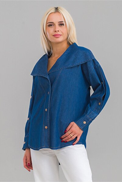 Bold & Young Cămașă de damă din denim de bumbac, cu mâneci cu fante, cu nastu...