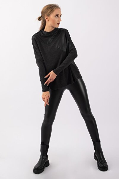 Bold & Young Women's Anthracite Faux Leather Blended Collar Buttoned Wool Vis...