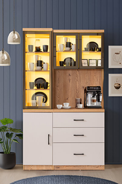 Setay Vitrinli Ünite, Adrea Kahve Köşesi + Çok Amaçlı Raflı Tek Kapaklı Dolap