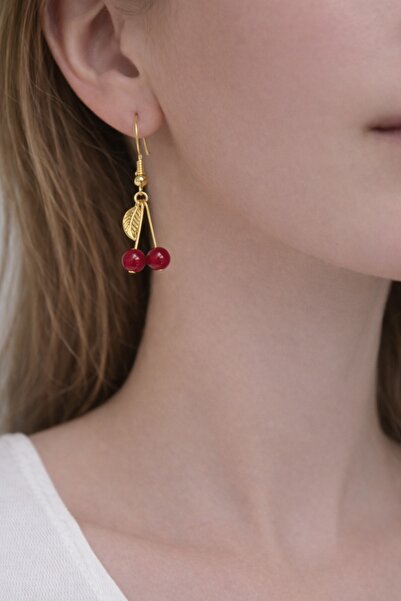 Aurevyn Design Kırmızı Kuvars Doğal Taş, Altın Kaplama Kiraz Küpe