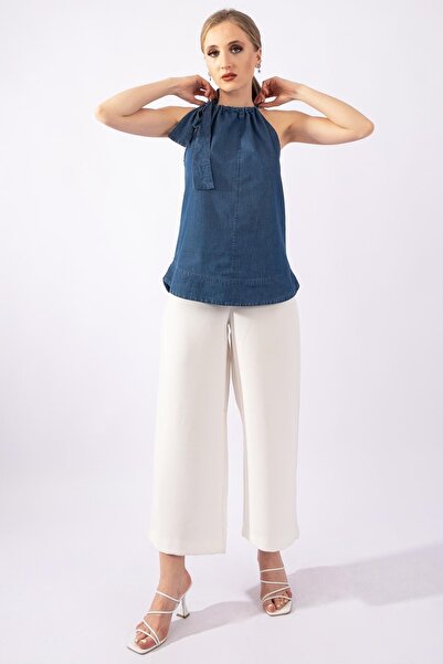 Bold & Young Жіноча туніка з тонкого деніму, синього кольору, з зав'язкою на шиї