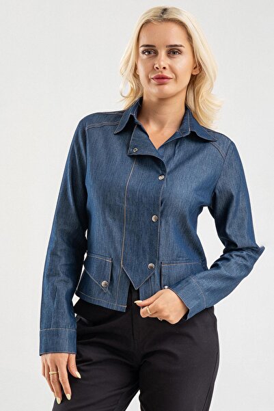 Bold & Young Cămașă de damă albastră cu buzunare cu nasturi