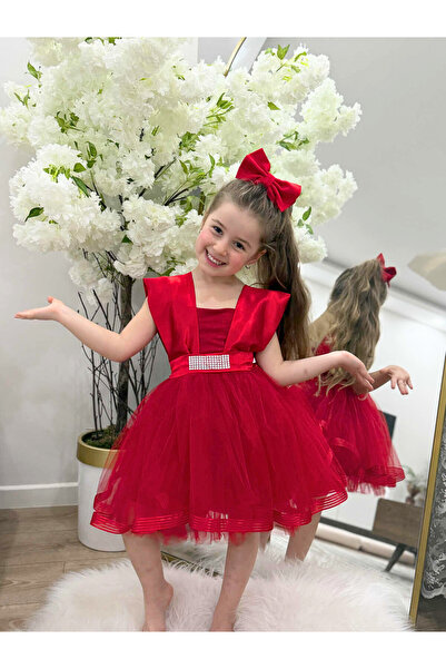 LULLY KİDS Rochie roșie strălucitoare pentru fetiță, cu fundă de piatră, deta...