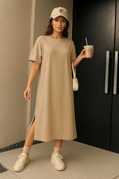 BİGÜMEX Γυναικείο φόρεμα με μακρύ υπερμεγέθη σχέδιο από ύφασμα μονόχρωμο