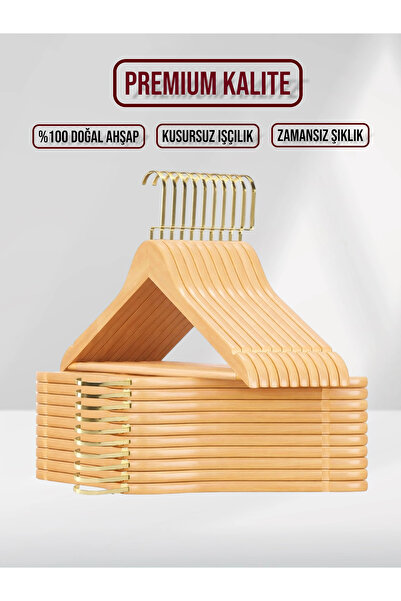 SDF Askı Naturel Ahşap Gold Lama Kancalı Elbise Pantolon Askısı 10 adet