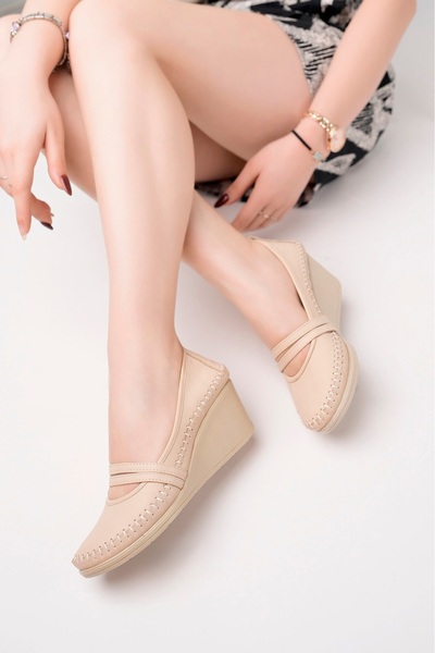 Deripabuc Genuine Leather New Beige Women's Wedge Heeled Leather Shoes Ars-0135