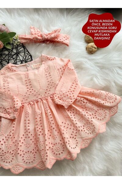 aysskids SIENNA Kız Bebek Somon Rengi Brode Nakışlı Fisto Elbise ve Bandana T...