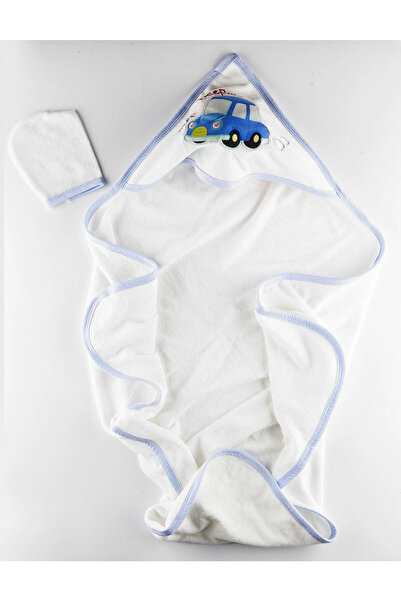 LittlePoffy Mavi Başlıklı Erkek Bebek Havlusu Yenidoğan Kundak Bornoz %100 Do...