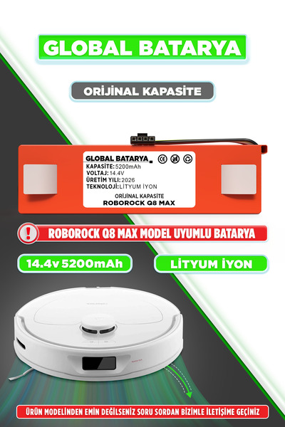 GLOBAL BATARYA Roborock Q8 Max Uyumlu Akıllı Robot Süpürge Bataryası 14.4v 52...