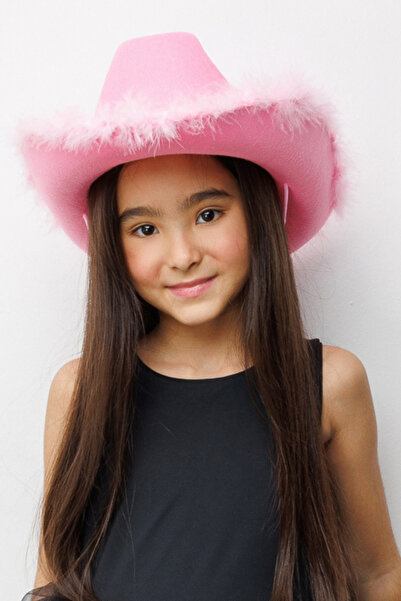 Le Mabelle Pembe Tüylü Kız Çocuk Kovboy Şapkası