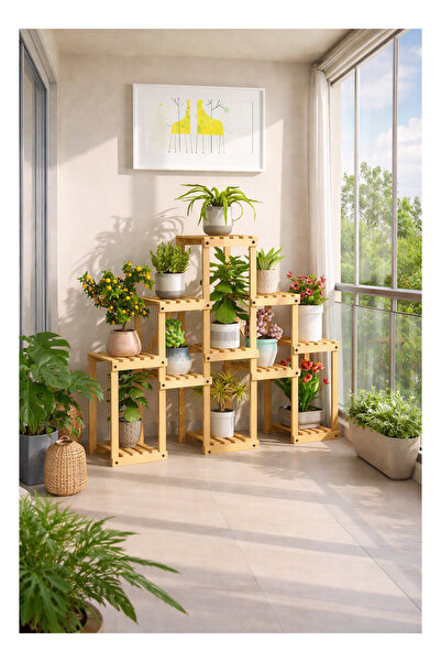 ALANDEKOR Natural Doğal Ahşap 11 Raflı Çiçeklik, Saksılık, Çiçek Standı, Deko...