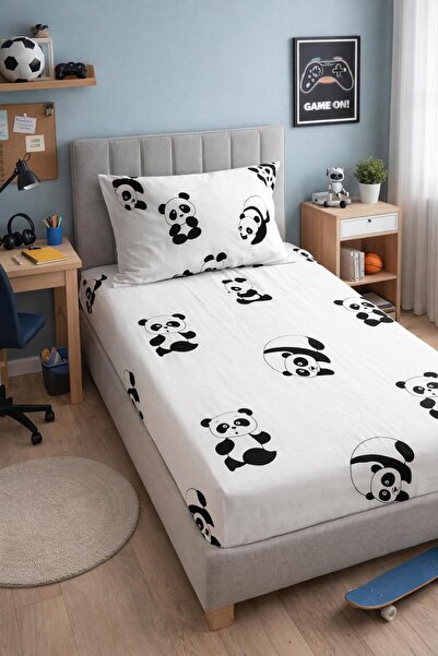 Eponj Home Tek Kişilik B&W Lastikli Çarşaf Seti Panda
