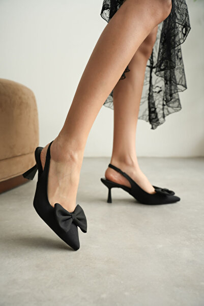 TRENDELLA Black Bowknot Kitten Heel Slingback Women's Shoes