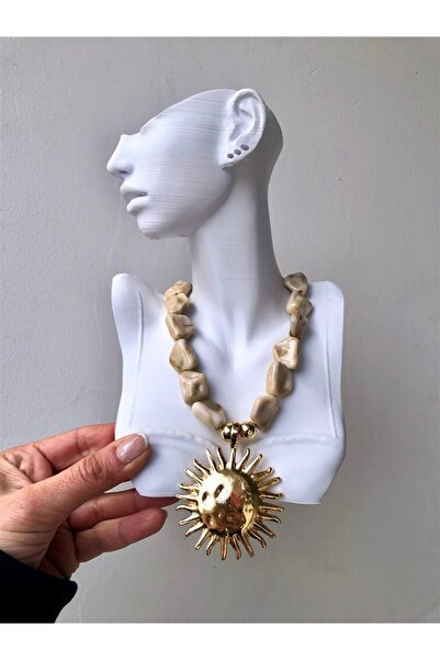 Gözde Tasarım Butik Women's Natural Imported Glass Beaded Bone Sun Pendant