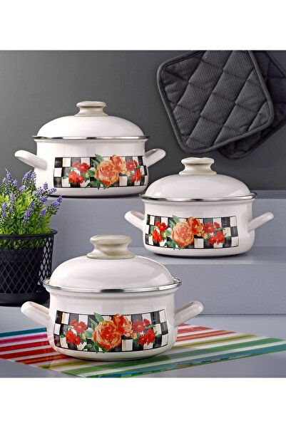Bonera 6 Parça Beyaz Damalı Dekorlu Güveç Tencere Seti