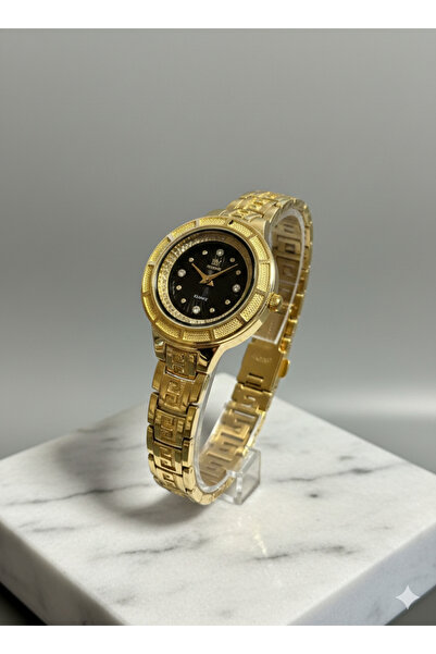 MR Zirkon Taşlı Desenli Siyah Kadranlı Gold Saat
