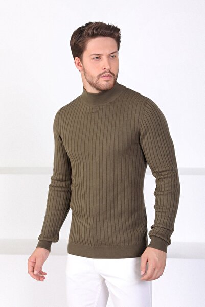 Ferraro Khaki Half Turtleneck Ribbed Men's Sweater