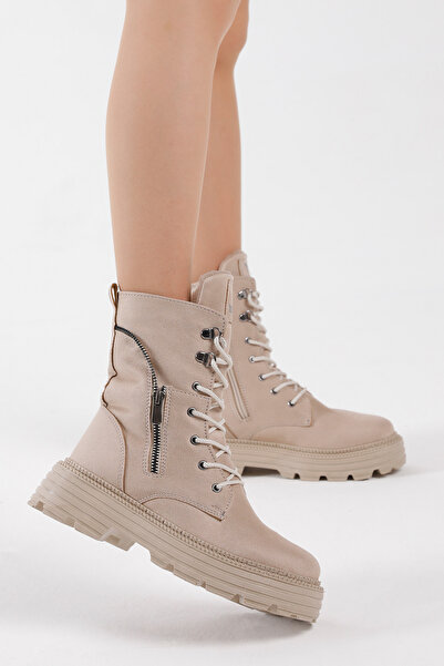 Tonny Black Dámské krémové semišové šněrovací boty s podrážkou na zip