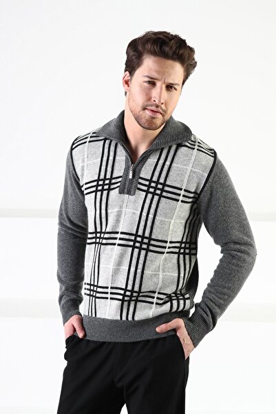 Ferraro Smoked Zippered Stand Collar 100% Lamb Wool Men's Sweater