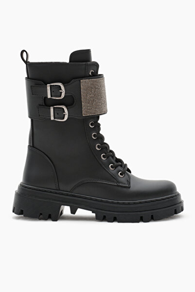 Tonny Black Dámské černé kožené boty s termo podrážkou, dvojitou přezkou na b...