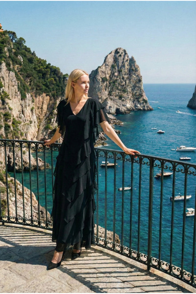 Romina Samara Omuz Dekolteli Volanlı Uzun Abiye Şifon Davet ve Düğün Elbisesi