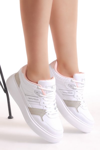 Tonny Black Women's White Gray High Poly Sole Side Stripe Lace-Up Sports Shoes