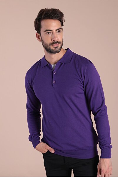 Ferraro Pulover de lână superfină cu guler polo prune pentru bărbați