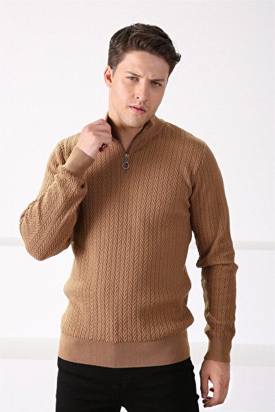 Ferraro Camel Dik Yaka Fermuarlı Erkek Pamuk Kazak
